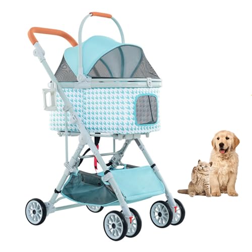 YPDOPORA Haustier-Buggy, 3-In-1-Hundebuggy, Zusammenklappbarer Hunde-/Katzen-Jogger-Buggy Für Mittelgroße Und Kleine Hunde, Leichter Reisebuggy Mit Aluminiumrahmen Und Abnehmbarer Trage,Blau von YPDOPORA