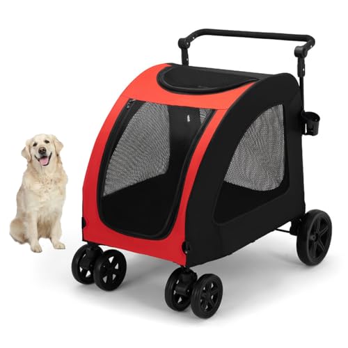 YPDOPORA Haustier-Buggy, Haustier-Buggy Für Mittelgroße Und Große Katzen Und Hunde, Buggys Für Hunde, 4-Rad-Design, Faltbarer Tragbarer Hundebuggy Mit Großer Kapazität Für Ältere Hunde,Rot von YPDOPORA