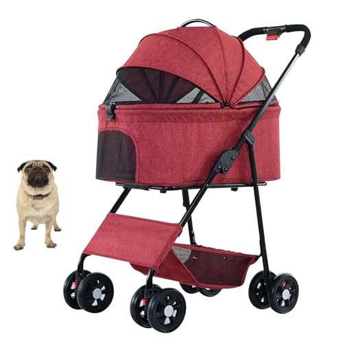 YPDOPORA Haustier-Buggy Für Kleine Und Mittelgroße Hunde Und Katzen Mit Abnehmbarer Tragetasche, Leichter, Zusammenklappbarer Katzen-Buggy Mit 4 Rädern Und Reißverschluss, Trolley Für Unterwegs,Rot von YPDOPORA