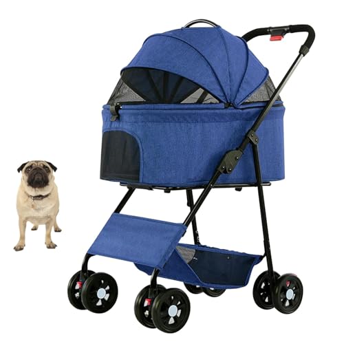 YPDOPORA Haustier-Buggy Für Kleine Und Mittelgroße Hunde Und Katzen Mit Abnehmbarer Tragetasche, Leichter, Zusammenklappbarer Katzen-Buggy Mit 4 Rädern Und Reißverschluss, Trolley Für Unterwegs,Blau von YPDOPORA