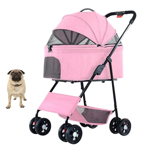 YPDOPORA Haustier-Buggy Für Kleine Und Mittelgroße Hunde Und Katzen Mit Abnehmbarer Tragetasche, Leichter, Zusammenklappbarer Katzen-Buggy Mit 4 Rädern Und Reißverschluss, Trolley Für Unterwegs,Rosa von YPDOPORA