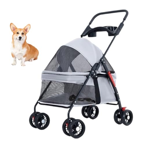 YPDOPORA Haustier-Kinderwagen, 4 Räder, Hunde- Und Katzen-Kinderwagen, Faltbarer Hunde- Und Katzenkäfig-Jogger-Kinderwagen Mit Aufbewahrungskorb Und Getränkehalter, Atmungsaktiv,Grau von YPDOPORA