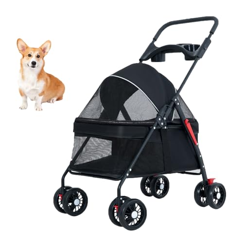 YPDOPORA Haustier-Kinderwagen, 4 Räder, Hunde- Und Katzen-Kinderwagen, Faltbarer Hunde- Und Katzenkäfig-Jogger-Kinderwagen Mit Aufbewahrungskorb Und Getränkehalter, Atmungsaktiv,Schwarz von YPDOPORA