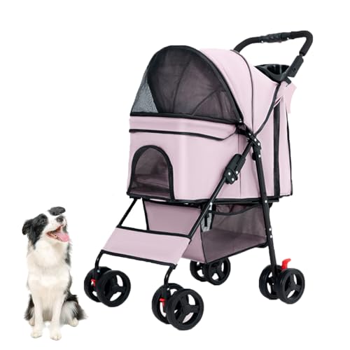 YPDOPORA Haustier-Kinderwagen, 4 Räder, Hunde- Und Katzen-Kinderwagen Für Kleine, Mittelgroße Hunde Und Katzen, Faltbarer Welpen-Kinderwagen Mit Aufbewahrungskorb Und Getränkehalter,Rosa von YPDOPORA