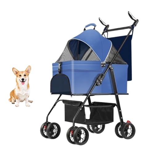 YPDOPORA Haustier-Kinderwagen, Katzen-Kinderwagen Für Mittelgroße Hunde, 4-Räder-Haustier-Kinderwagen-Jogger, Abnehmbarer Korb Für Reiseträger, Sicherheitsbremsrad,Blau von YPDOPORA