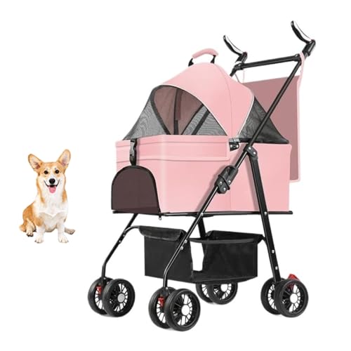 YPDOPORA Haustier-Kinderwagen, Katzen-Kinderwagen Für Mittelgroße Hunde, 4-Räder-Haustier-Kinderwagen-Jogger, Abnehmbarer Korb Für Reiseträger, Sicherheitsbremsrad,Rosa von YPDOPORA