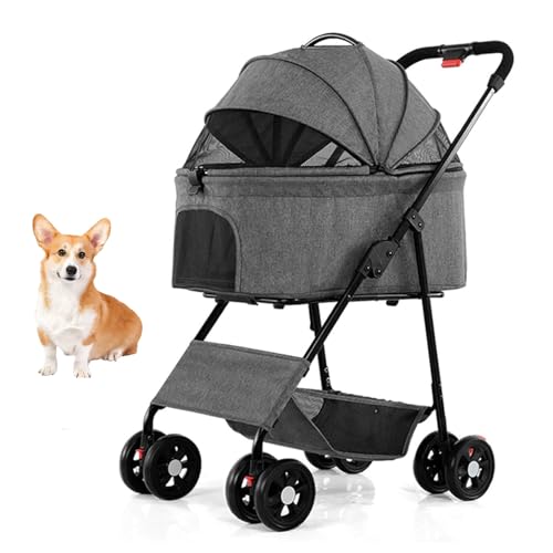 YPDOPORA Haustier-Kinderwagen Für Kleine Und Mittelgroße Hunde Und Katzen Mit Abnehmbarem Träger, Rahmen Aus Aluminiumlegierung, Leichter, Faltbarer 4-Rad-Katzenkinderwagen Ohne Reißverschluss,Grau von YPDOPORA