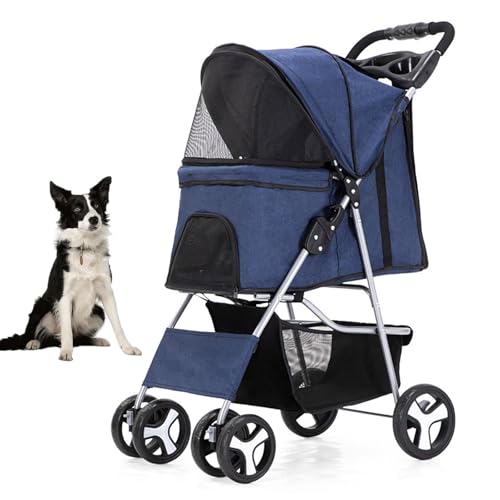 YPDOPORA Haustier-Kinderwagen Für Mittelgroße Hunde, Viel Platz, Mit Atmungsaktivem Netzgewebe, 360°-Vorderrad, Hinterrad Mit Bremse, Hundekinderwagen Mit Aufbewahrungskorb, 4 Räder,Blue 1 von YPDOPORA