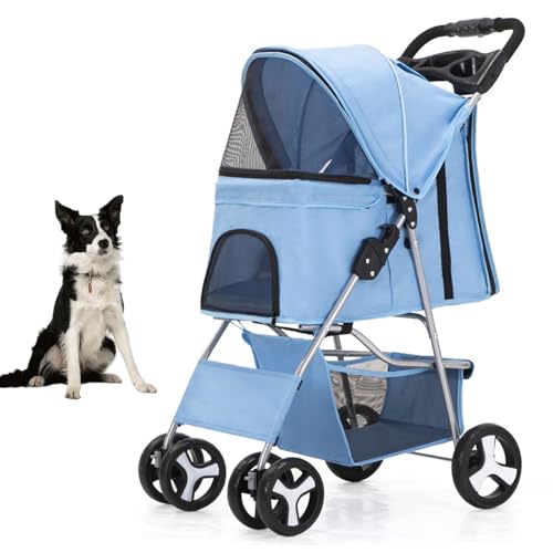 YPDOPORA Haustier-Kinderwagen Für Mittelgroße Hunde, Viel Platz, Mit Atmungsaktivem Netzgewebe, 360°-Vorderrad, Hinterrad Mit Bremse, Hundekinderwagen Mit Aufbewahrungskorb, 4 Räder,Blue 2 von YPDOPORA