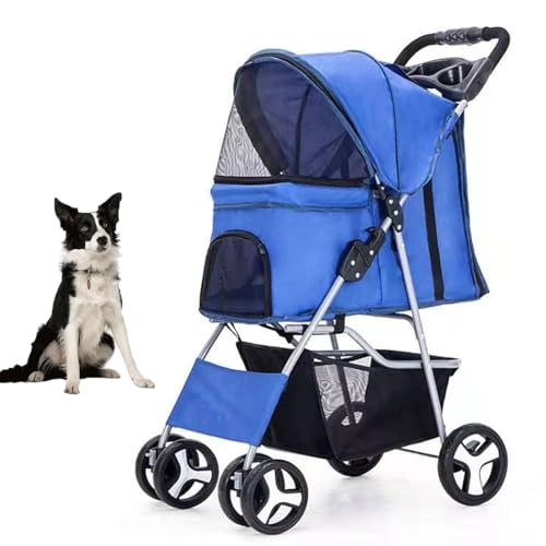 YPDOPORA Haustier-Kinderwagen Für Mittelgroße Hunde, Viel Platz, Mit Atmungsaktivem Netzgewebe, 360°-Vorderrad, Hinterrad Mit Bremse, Hundekinderwagen Mit Aufbewahrungskorb, 4 Räder,Blue 3 von YPDOPORA