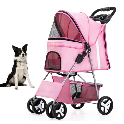 YPDOPORA Haustier-Kinderwagen Für Mittelgroße Hunde, Viel Platz, Mit Atmungsaktivem Netzgewebe, 360°-Vorderrad, Hinterrad Mit Bremse, Hundekinderwagen Mit Aufbewahrungskorb, 4 Räder,Rosa von YPDOPORA