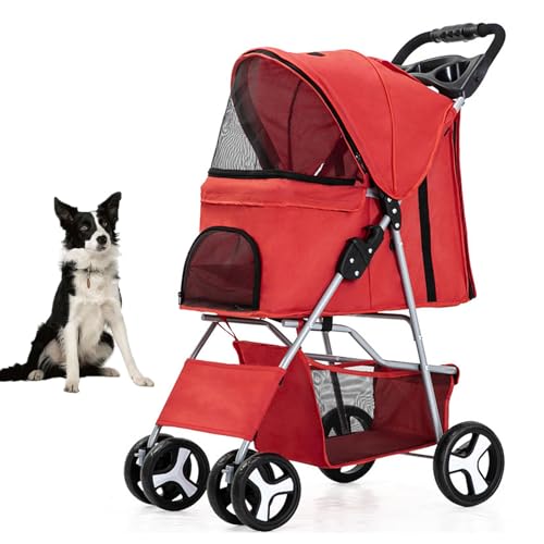 YPDOPORA Haustier-Kinderwagen Für Mittelgroße Hunde, Viel Platz, Mit Atmungsaktivem Netzgewebe, 360°-Vorderrad, Hinterrad Mit Bremse, Hundekinderwagen Mit Aufbewahrungskorb, 4 Räder,Rot von YPDOPORA