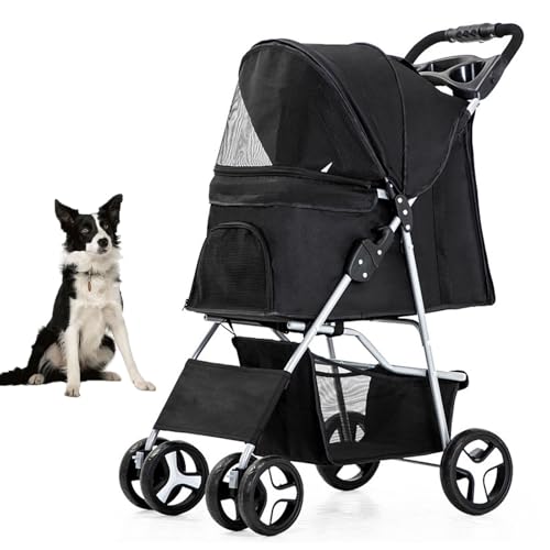 YPDOPORA Haustier-Kinderwagen Für Mittelgroße Hunde, Viel Platz, Mit Atmungsaktivem Netzgewebe, 360°-Vorderrad, Hinterrad Mit Bremse, Hundekinderwagen Mit Aufbewahrungskorb, 4 Räder,Schwarz von YPDOPORA