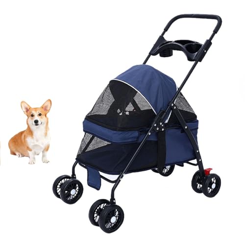 YPDOPORA Hunde-/Katzenbuggy Mit 4 Rädern, Faltbarer Haustierkäfig-Joggerbuggy Mit Aufbewahrungskorb Und Getränkehalter, Atmungsaktives Sichtbares Netz Für Mittelgroße Und Kleine Hunde Und Katzen,Blau von YPDOPORA