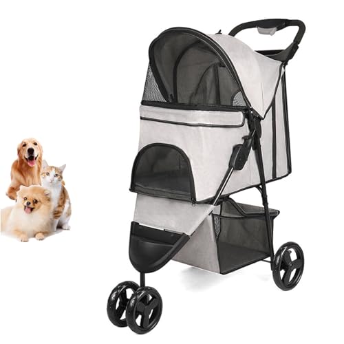 YPDOPORA Hunde-Kinderwagen, 3 Räder, Faltbarer Haustier-Kinderwagen Für Hunde Und Katzen, Zum Spazierengehen, Mit Bremse, Baldachin, Getränkehaltern Und Stauraum Unten,Grau von YPDOPORA