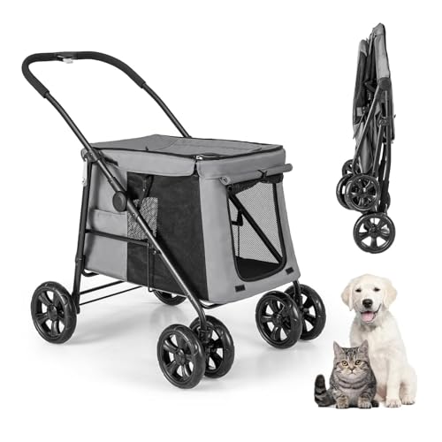 YPDOPORA Hunde-Kinderwagen, Zusammenklappbarer Haustier-Kinderwagen Mit Einem Knopf, 3 Eingängen, 4 Stoßdämpfenden Rädern, Seitlichen Aufbewahrungstaschen, Sicherheitsgurt von YPDOPORA