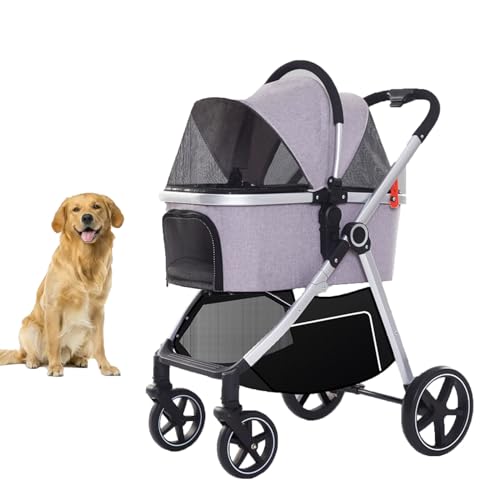 YPDOPORA Hunde-Kinderwagen Mit 4 Rädern Für Kleine Und Mittelgroße Hunde, Welpen, Katzen, Faltbarer Haustier-Kinderwagen Mit Abnehmbarer Tragetasche Und Aufbewahrungskorb,Grau von YPDOPORA