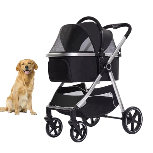 YPDOPORA Hunde-Kinderwagen Mit 4 Rädern Für Kleine Und Mittelgroße Hunde, Welpen, Katzen, Faltbarer Haustier-Kinderwagen Mit Abnehmbarer Tragetasche Und Aufbewahrungskorb,Schwarz von YPDOPORA