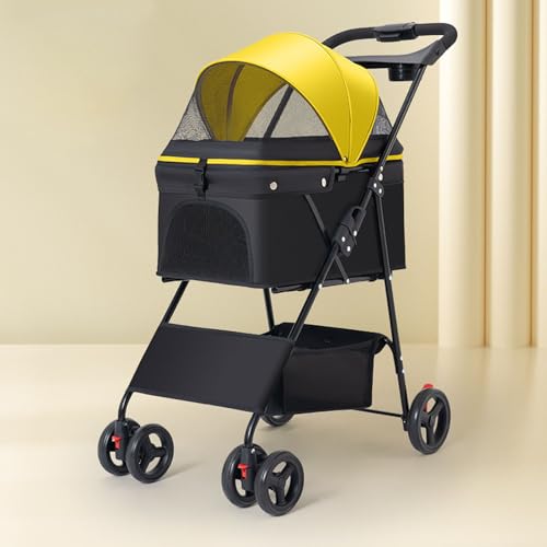 YPDOPORA Hundebuggy 2-In-1, Zusammenklappbarer Haustierbuggy, Atmungsaktiver Haustierbuggy Für Kleine Mittelgroße Hunde Und Katzen, Welpenbuggy Mit 4 Rädern Und Abnehmbarer Reisetrage,Gelb von YPDOPORA