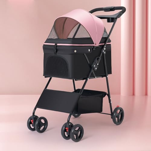 YPDOPORA Hundebuggy 2-In-1, Zusammenklappbarer Haustierbuggy, Atmungsaktiver Haustierbuggy Für Kleine Mittelgroße Hunde Und Katzen, Welpenbuggy Mit 4 Rädern Und Abnehmbarer Reisetrage,Rosa von YPDOPORA