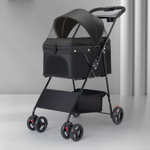 YPDOPORA Hundebuggy 2-In-1, Zusammenklappbarer Haustierbuggy, Atmungsaktiver Haustierbuggy Für Kleine Mittelgroße Hunde Und Katzen, Welpenbuggy Mit 4 Rädern Und Abnehmbarer Reisetrage,Schwarz von YPDOPORA