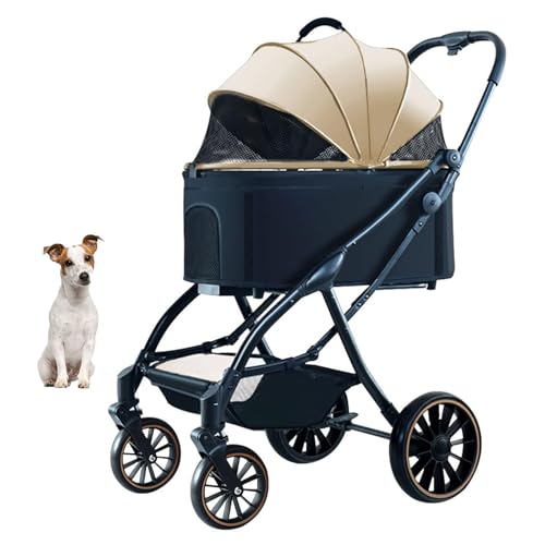 YPDOPORA Hundebuggy Mit 4 Rädern, 3-In-1-Haustierbuggy Für Hunde Und Katzen, Einhand-Automatik-Klappgummirad Mit Stoßdämpfern, Abnehmbarer Träger, Hundebuggy Für Hunde Und Katzen,Beige von YPDOPORA