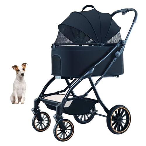 YPDOPORA Hundebuggy Mit 4 Rädern, 3-In-1-Haustierbuggy Für Hunde Und Katzen, Einhand-Automatik-Klappgummirad Mit Stoßdämpfern, Abnehmbarer Träger, Hundebuggy Für Hunde Und Katzen,Schwarz von YPDOPORA