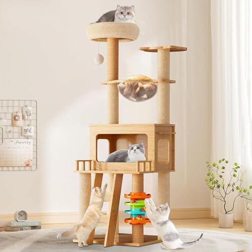 YPDOPORA Katzenbaum, Moderner Katzenbaumturm Für Hauskatzen – 137,2 cm Hohes Holzhaus Mit Hängematte, Kratzbaum Und Abnehmbaren Polstern Für Kleine Und Große Katzen, Kratzsäule Für Haustiere von YPDOPORA