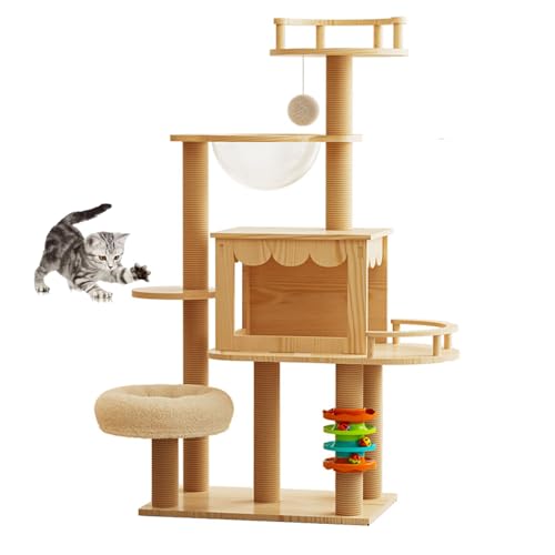 YPDOPORA Katzenbaum, Moderner Katzenbaumturm Für Hauskatzen – 152,4 cm Hohes Katzenhaus Aus Dichtem Brett Mit Hängematte, Kratzbaum Und Spielzeug Für Kleine Und Große Katzen von YPDOPORA