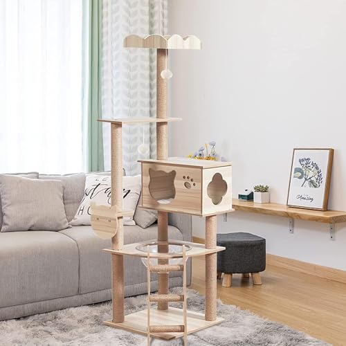 YPDOPORA Katzenbaumturm Aus Holz Für Hauskatzen, Mit Raumschiff-Hängematte, Moderner Katzenbaum Aus Holz, Hoher Katzenkletterturm Für Große Katzen Mit Kratzbäumen Komplett Mit Sisal Überzogen von YPDOPORA