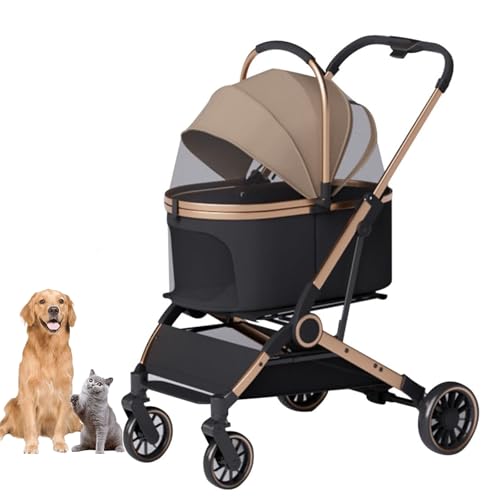 YPDOPORA Kinderwagen Für Haustiere, Abnehmbarer 2-In-1-Welpenkinderwagen, Faltbares Design Mit Abnehmbarer Tragetasche, Getränkehalter Und Aufbewahrungskorb Für Kleine Und Mittelgroße Hunde,Braun von YPDOPORA