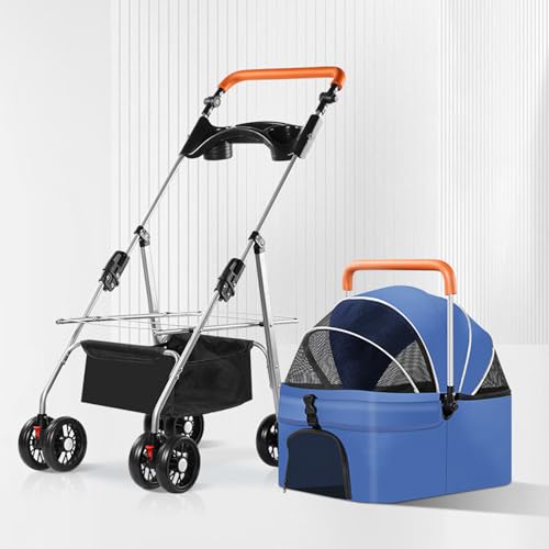 YPDOPORA Kinderwagen Für Haustiere Mit 4 Rädern, Kinderwagen Für Hunde Und Katzen, Doppelfenster Vorne Und Hinten, Atmungsaktives Netzgewebe, Zusammenklappbarer Kinderwagen Mit Haustierkäfig,Blau von YPDOPORA