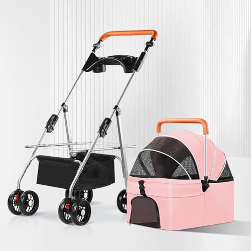 YPDOPORA Kinderwagen Für Haustiere Mit 4 Rädern, Kinderwagen Für Hunde Und Katzen, Doppelfenster Vorne Und Hinten, Atmungsaktives Netzgewebe, Zusammenklappbarer Kinderwagen Mit Haustierkäfig,Rosa von YPDOPORA