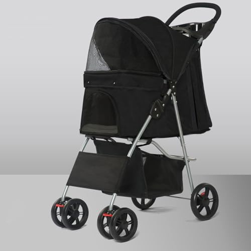 YPDOPORA Kinderwagen Für Haustiere Mit 4 Rädern, Kinderwagen Für Kleine/Mittelgroße Hunde Und Katzen, Welpenkinderwagen Mit Getränkehalter, Aufbewahrungskorb Und Sicherheitsgurt,Schwarz von YPDOPORA