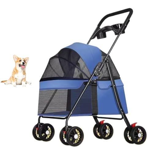 YPDOPORA Kinderwagen Für Haustiere Mit Getränkehalter, Reisekinderwagen Für Kleine Und Mittelgroße Hunde Und Katzen, Zusammenklappbarer Hundekinderwagen Mit Abnehmbarer Trage,Blau von YPDOPORA