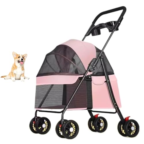 YPDOPORA Kinderwagen Für Haustiere Mit Getränkehalter, Reisekinderwagen Für Kleine Und Mittelgroße Hunde Und Katzen, Zusammenklappbarer Hundekinderwagen Mit Abnehmbarer Trage,Rosa von YPDOPORA