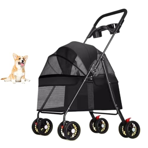 YPDOPORA Kinderwagen Für Haustiere Mit Getränkehalter, Reisekinderwagen Für Kleine Und Mittelgroße Hunde Und Katzen, Zusammenklappbarer Hundekinderwagen Mit Abnehmbarer Trage,Schwarz von YPDOPORA