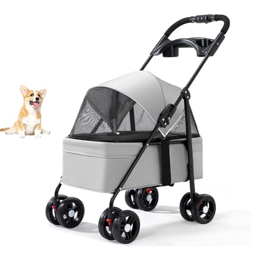 YPDOPORA Kinderwagen Für Haustiere Zum Ausgehen Mit Hunden Und Katzen, Faltbarer Haustierwagen, Kinderwagen Mit 4 Rädern, Hinterrad Mit Fußbremse, Verdeck Vorne Und Hinten Zum Öffnen,Grau von YPDOPORA