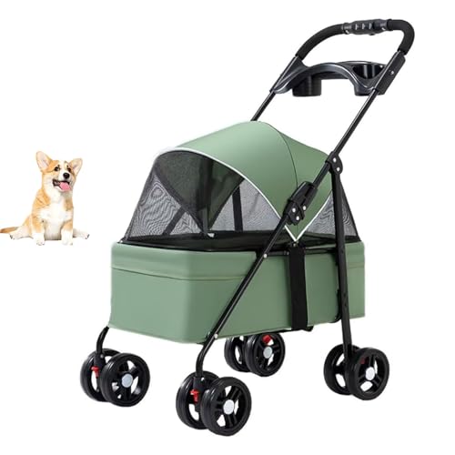 YPDOPORA Kinderwagen Für Haustiere Zum Ausgehen Mit Hunden Und Katzen, Faltbarer Haustierwagen, Kinderwagen Mit 4 Rädern, Hinterrad Mit Fußbremse, Verdeck Vorne Und Hinten Zum Öffnen,Grün von YPDOPORA