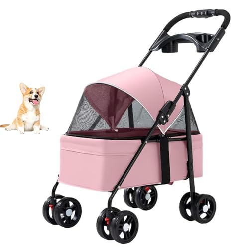 YPDOPORA Kinderwagen Für Haustiere Zum Ausgehen Mit Hunden Und Katzen, Faltbarer Haustierwagen, Kinderwagen Mit 4 Rädern, Hinterrad Mit Fußbremse, Verdeck Vorne Und Hinten Zum Öffnen,Rosa von YPDOPORA