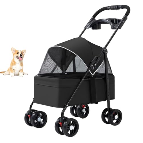 YPDOPORA Kinderwagen Für Haustiere Zum Ausgehen Mit Hunden Und Katzen, Faltbarer Haustierwagen, Kinderwagen Mit 4 Rädern, Hinterrad Mit Fußbremse, Verdeck Vorne Und Hinten Zum Öffnen,Schwarz von YPDOPORA