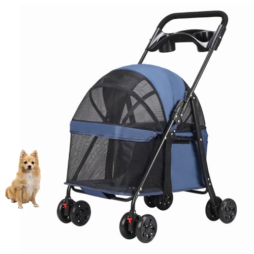 YPDOPORA Kinderwagen Für Hunde Und Katzen Mit 4 Rädern, Zusammenklappbarer Kinderwagen Für Haustiere Mit Sonnenblenden Und Sitz, Leichter Kinderwagen Für Den Außenbereich, Atmungsaktiv,Blau von YPDOPORA