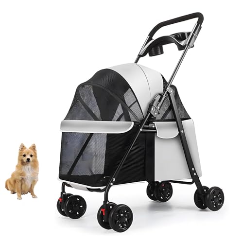 YPDOPORA Kinderwagen Für Hunde Und Katzen Mit 4 Rädern, Zusammenklappbarer Kinderwagen Für Haustiere Mit Sonnenblenden Und Sitz, Leichter Kinderwagen Für Den Außenbereich, Atmungsaktiv,Grau von YPDOPORA