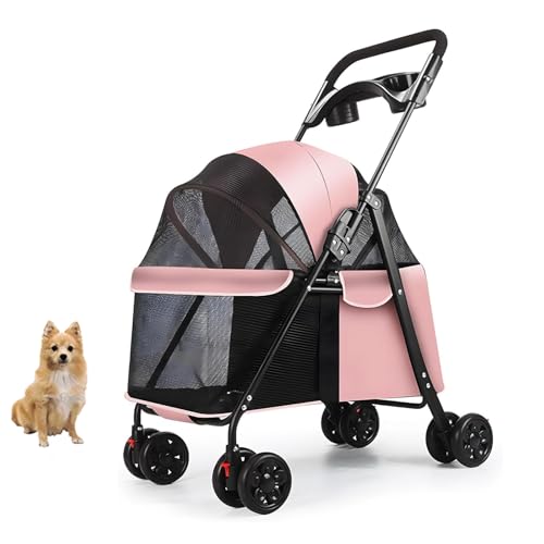 YPDOPORA Kinderwagen Für Hunde Und Katzen Mit 4 Rädern, Zusammenklappbarer Kinderwagen Für Haustiere Mit Sonnenblenden Und Sitz, Leichter Kinderwagen Für Den Außenbereich, Atmungsaktiv,Rosa von YPDOPORA