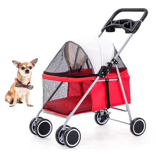 YPDOPORA Kinderwagen Für Katzen Und Hunde, 4 Räder, Zusammenklappbarer Kinderwagen Für Outdoor-Reisen Mit Haustieren, Käfigkinderwagen Für Hunde Und Katzen Mit Getränkehalter, Atmungsaktiv,Rot von YPDOPORA