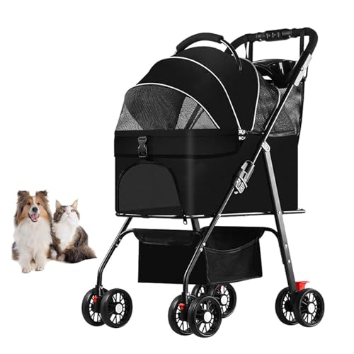 YPDOPORA Kinderwagen Für Kleine Katzen Und Hunde Mit Abnehmbarer Tragetasche, Mit Einem klick Zusammenklappbarer 4-Rad-Reisekinderwagen Für Haustiere, Welpenkinderwagen Mit Aufbewahrungskorb,Schwarz von YPDOPORA