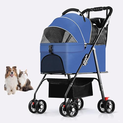 YPDOPORA Kinderwagen Für Kleine Katzen Und Hunde Mit Abnehmbarer Tragetasche, Mit Einem klick Zusammenklappbarer 4-Rad-Reisekinderwagen Für Haustiere, Welpenkinderwagen Mit Aufbewahrungskorb,Blau von YPDOPORA