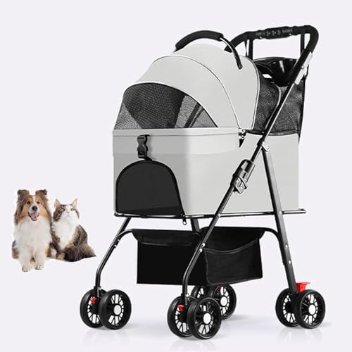 YPDOPORA Kinderwagen Für Kleine Katzen Und Hunde Mit Abnehmbarer Tragetasche, Mit Einem klick Zusammenklappbarer 4-Rad-Reisekinderwagen Für Haustiere, Welpenkinderwagen Mit Aufbewahrungskorb,Grau von YPDOPORA