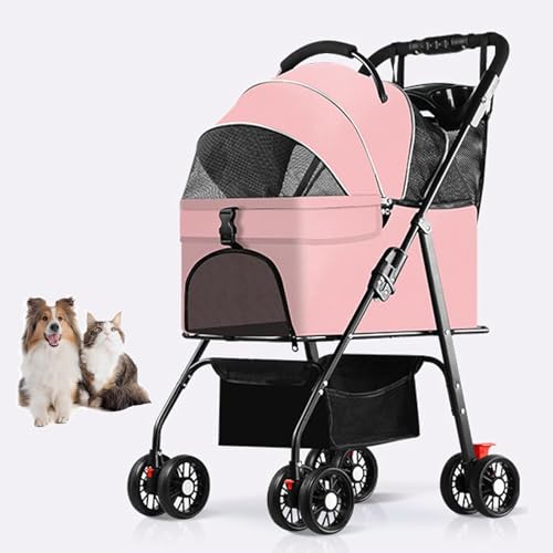 YPDOPORA Kinderwagen Für Kleine Katzen Und Hunde Mit Abnehmbarer Tragetasche, Mit Einem klick Zusammenklappbarer 4-Rad-Reisekinderwagen Für Haustiere, Welpenkinderwagen Mit Aufbewahrungskorb,Rosa von YPDOPORA