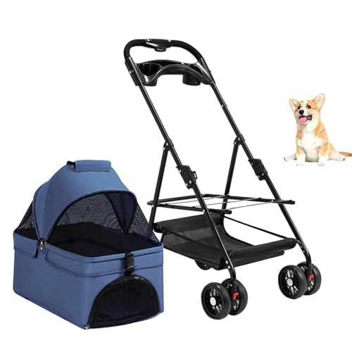 YPDOPORA Kleiner Haustier-Kinderwagen Mit Getränkehalter Für Hunde Und Katzen, Hunde-Kinderwagen Für Kleine Hunde, Faltbarer Reise-Kinderwagenträger, Atmungsaktiv,Blau von YPDOPORA